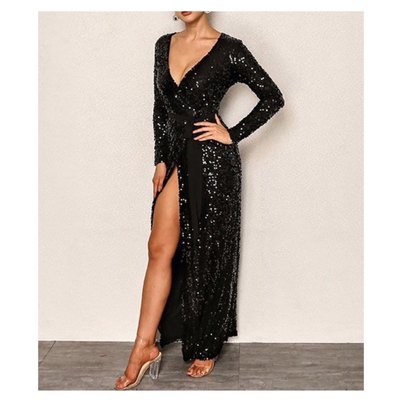 Black Fit and Flare Sequin Cocktail Maxi Dress - Picture 2 of 5